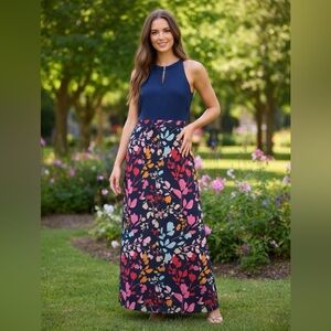 Vince Camuto Navy Floral Maxi Dress Size 8 Like New Keyhole Front Colorblock